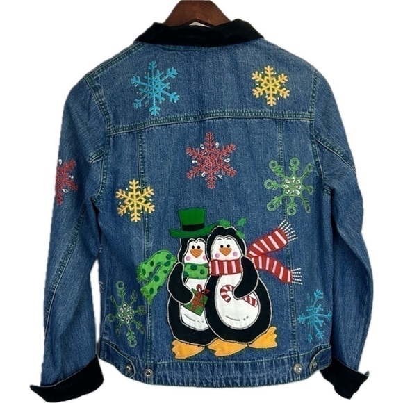 Bleu Bayou Women’s Winter Holiday Snowflake Snowman Jean Jacket Rhinesto… - Picture 4 of 12